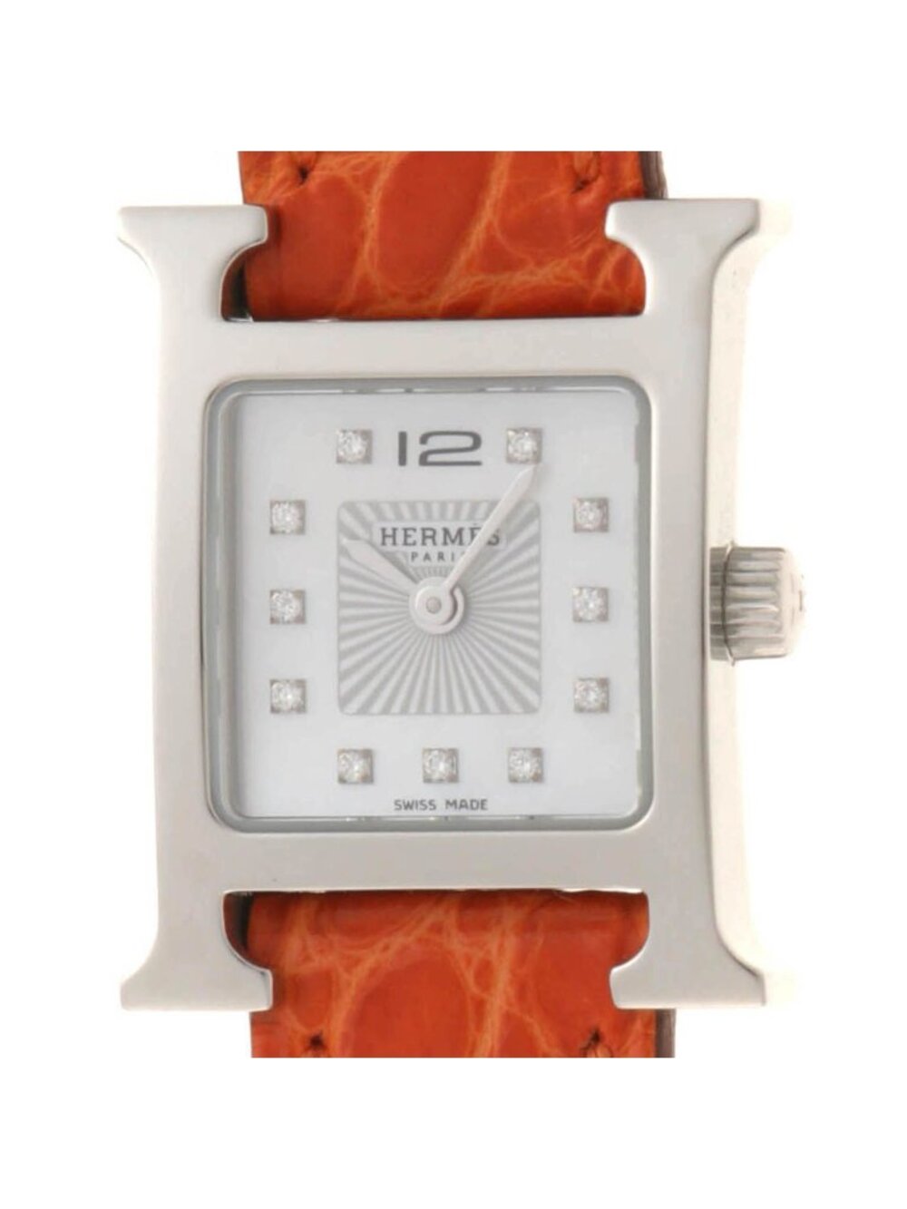 Hermes H Watch Diamond Stainless Steel White Shell Quartz